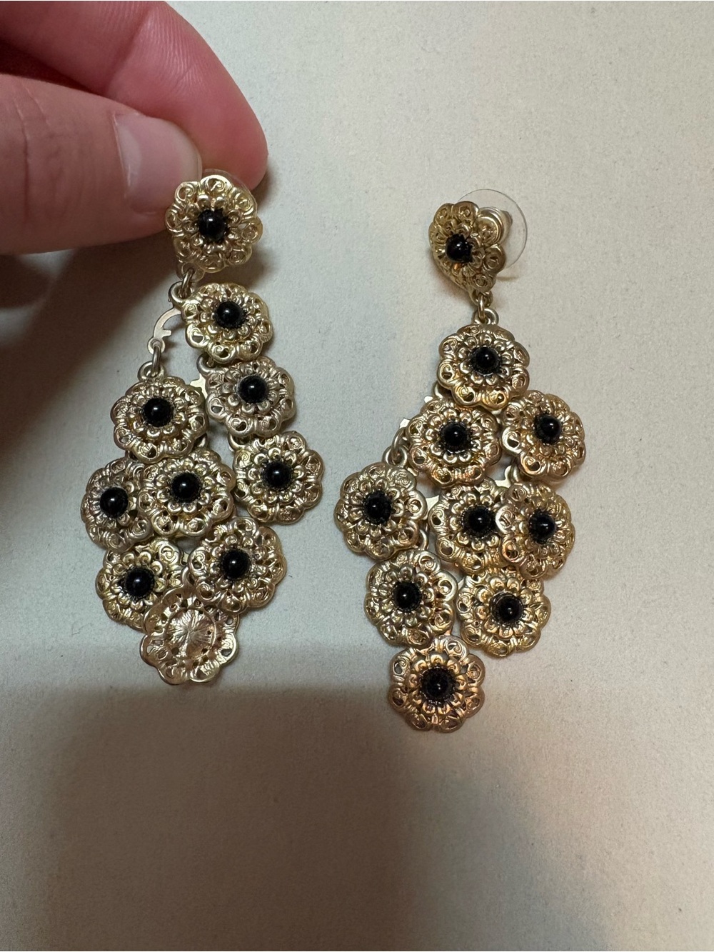 Gold Floral Cluster Drop Earrings with Black Accents